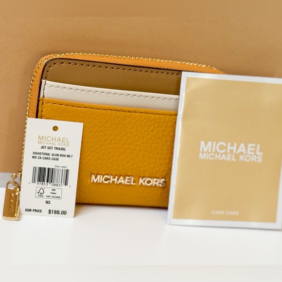 Michael Kors Jet Set Travel Card Case Wallet Colorblock Golden Rod Multi - Picture 9 of 9